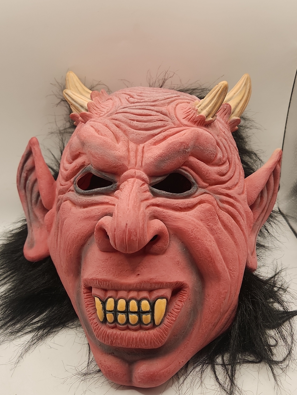 Adult Scary Mask Red Devil Face Horns Black Hair Halloween